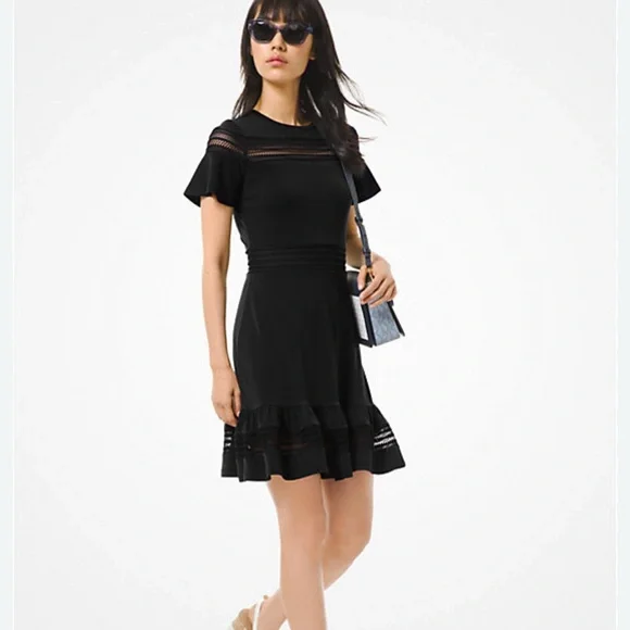 Michael Kors Black A-Line Dress Short Sleeve Ruffle Hem Crew Neck Mesh Insets XL - Picture 1 of 11